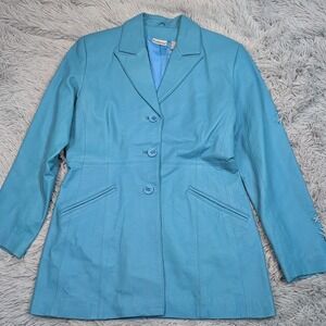 Vintage Styleworks Jacket‎ Womens 4 Blue Leather Coat Pockets Button Up Preppy